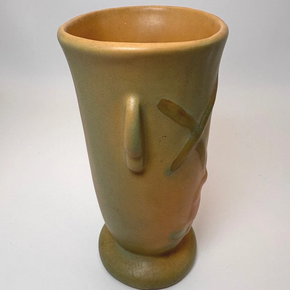 Vintage 1930s Weller Pottery Wild Rose Vase Peach Green Dual Handle 6.5